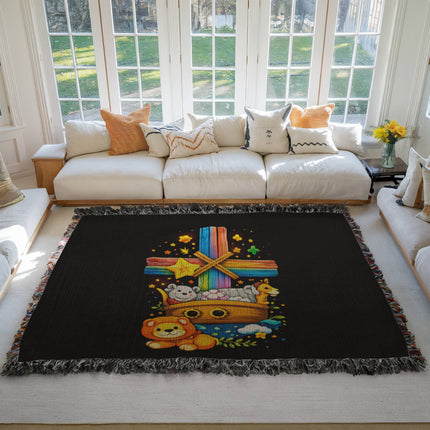 Rainbow Cross Noahs Ark | Christian Heirloom Artwork Woven Blanket | Gift for Kids