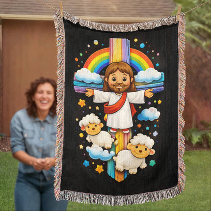 Jesus & Little Lambs Woven Blanket – Christian Gift for Kids