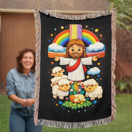 Jesus With the Sheep Woven Blanket – Christian Gift for Kids