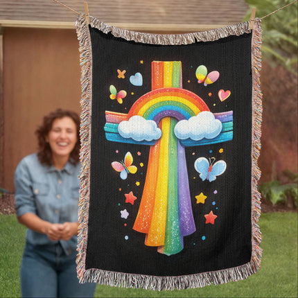Rainbow & Butterflies Cross Woven Blanket – Christian Gift for Kids