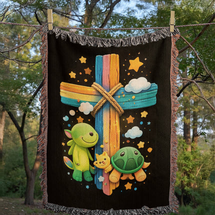 Dinosaur & Turtle Woven Blanket – Christian Gift for Kids