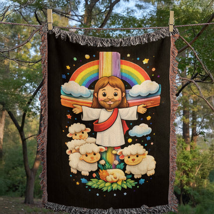 Jesus With the Sheep Woven Blanket – Christian Gift for Kids