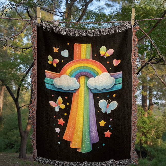 Rainbow & Butterflies Cross Woven Blanket – Christian Gift for Kids