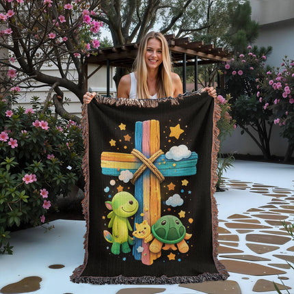 Dinosaur & Turtle Woven Blanket – Christian Gift for Kids