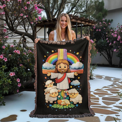 Jesus With the Sheep Woven Blanket – Christian Gift for Kids