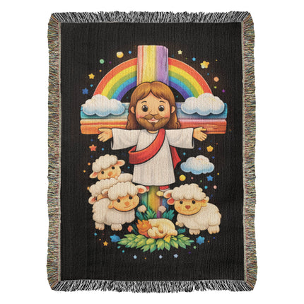 Jesus With the Sheep Woven Blanket – Christian Gift for Kids