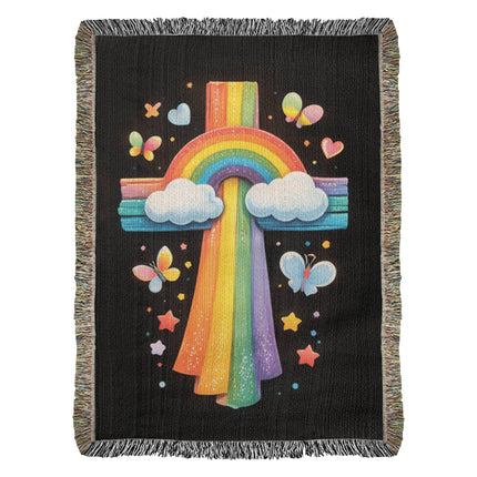 Rainbow & Butterflies Cross Woven Blanket – Christian Gift for Kids