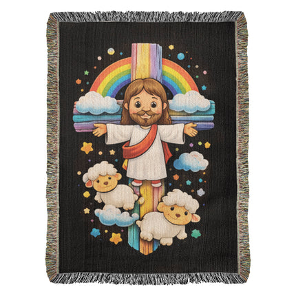 Jesus & Little Lambs Woven Blanket – Christian Gift for Kids