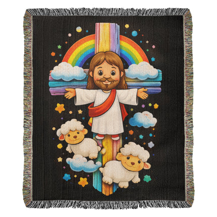 Jesus & Little Lambs Woven Blanket – Christian Gift for Kids