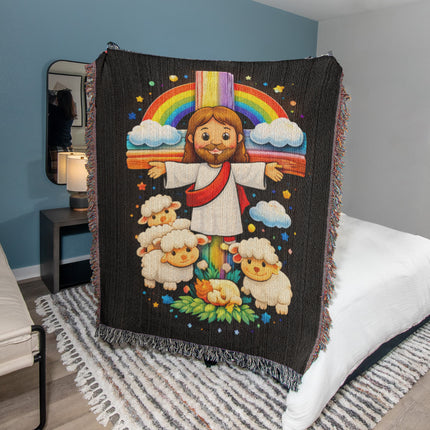 Jesus With the Sheep Woven Blanket – Christian Gift for Kids