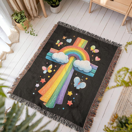 Rainbow & Butterflies Cross Woven Blanket – Christian Gift for Kids
