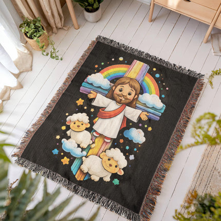 Jesus & Little Lambs Woven Blanket – Christian Gift for Kids