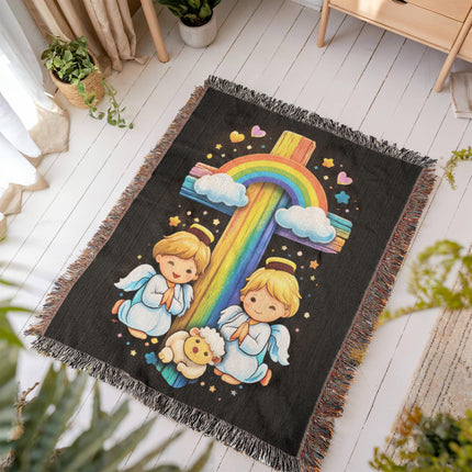 Angels & Lamb Woven Blanket – Christian Gift for Kids