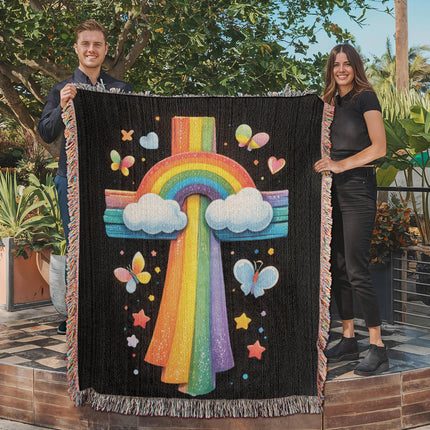 Rainbow & Butterflies Cross Woven Blanket – Christian Gift for Kids