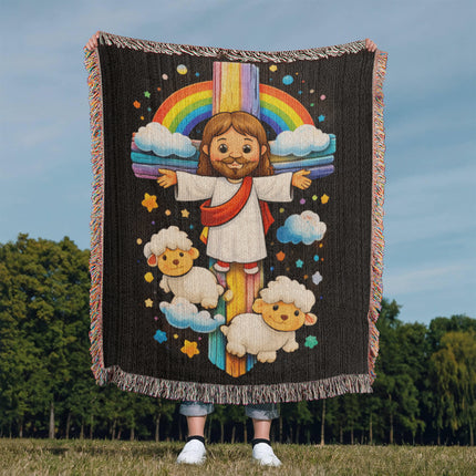 Jesus & Little Lambs Woven Blanket – Christian Gift for Kids