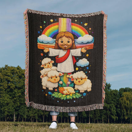 Jesus With the Sheep Woven Blanket – Christian Gift for Kids