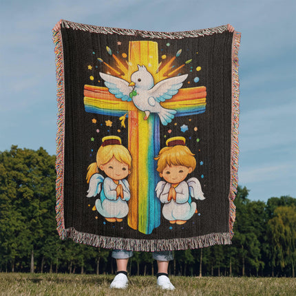 Dove & Praying Angels Woven Blanket – Christian Gift for Kids