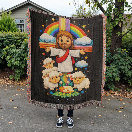 Jesus With the Sheep Woven Blanket – Christian Gift for Kids