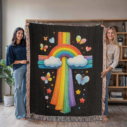 Rainbow & Butterflies Cross Woven Blanket – Christian Gift for Kids