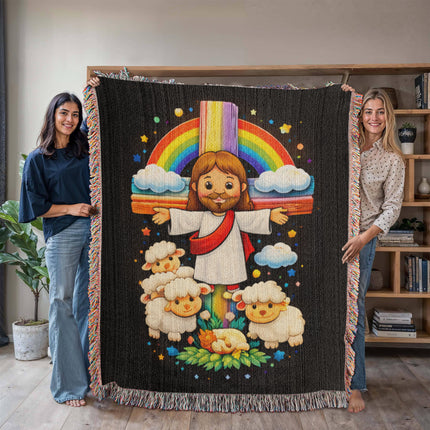 Jesus With the Sheep Woven Blanket – Christian Gift for Kids