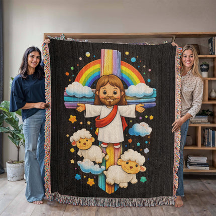Jesus & Little Lambs Woven Blanket – Christian Gift for Kids