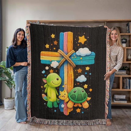 Dinosaur & Turtle Woven Blanket – Christian Gift for Kids