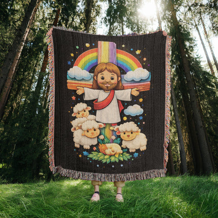 Jesus With the Sheep Woven Blanket – Christian Gift for Kids