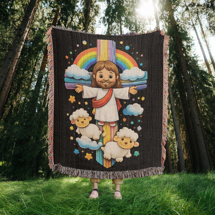 Jesus & Little Lambs Woven Blanket – Christian Gift for Kids