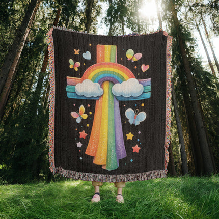 Rainbow & Butterflies Cross Woven Blanket – Christian Gift for Kids