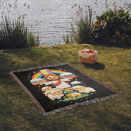 Jesus With the Sheep Woven Blanket – Christian Gift for Kids