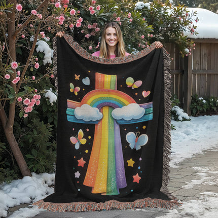 Rainbow & Butterflies Cross Woven Blanket – Christian Gift for Kids