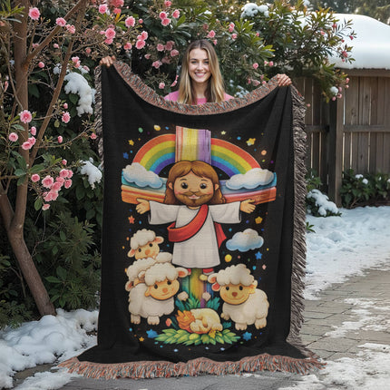 Jesus With the Sheep Woven Blanket – Christian Gift for Kids