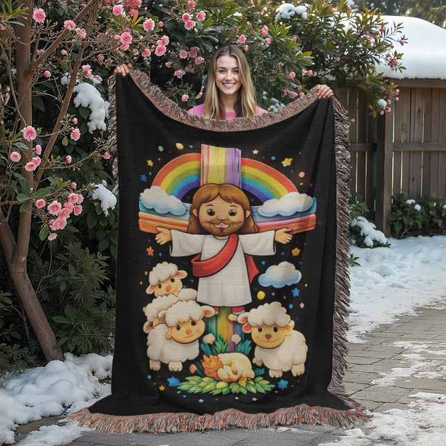 Jesus With the Sheep Woven Blanket – Christian Gift for Kids