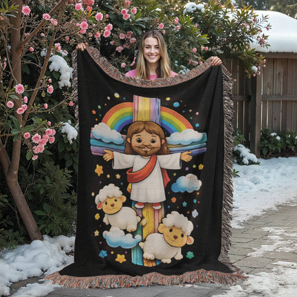 Jesus & Little Lambs Woven Blanket – Christian Gift for Kids