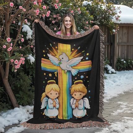 Dove & Praying Angels Woven Blanket – Christian Gift for Kids