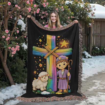 Little Shepherd & Lamb Woven Blanket – Christian Gift for Kids