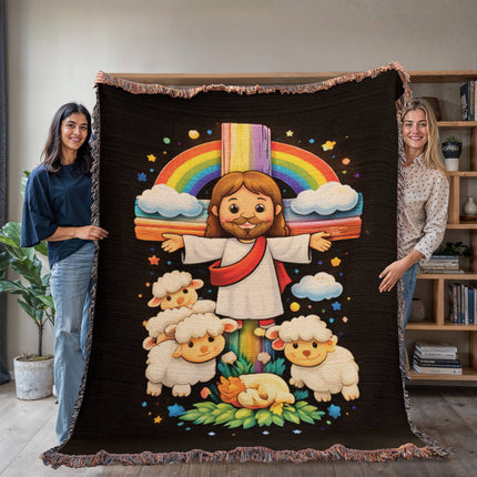 Jesus With the Sheep Woven Blanket – Christian Gift for Kids