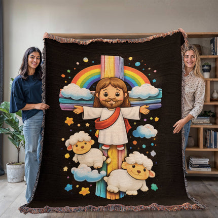 Jesus & Little Lambs Woven Blanket – Christian Gift for Kids