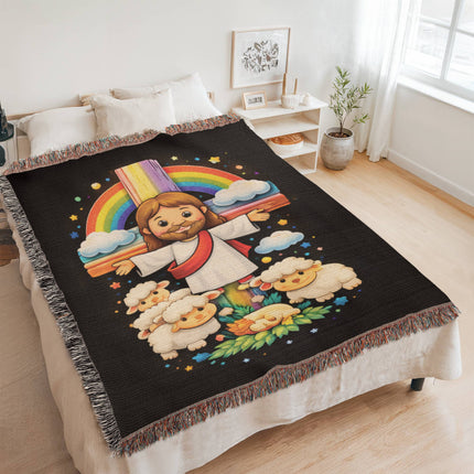 Jesus With the Sheep Woven Blanket – Christian Gift for Kids