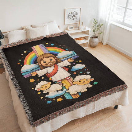 Jesus & Little Lambs Woven Blanket – Christian Gift for Kids
