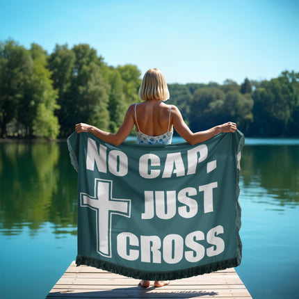 No cap just cross woven blanket with large white lettering and cross icon – Christian throw blanket