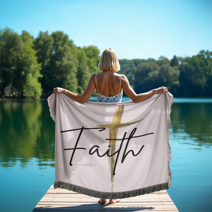 Faith Cross Gold Christian Woven Blanket | Printed Throw (Landscape)