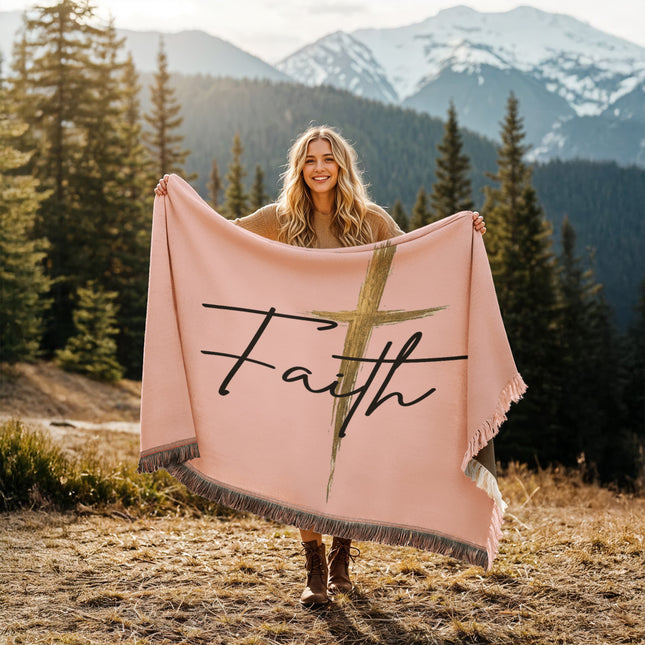 Faith cross gold printed woven blanket in landscape layout with fringed edges, Christian throw blanket for couch or bed, cozy faith home decor gift