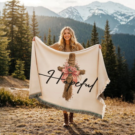 Hopeful Flower Cross Christian woven blanket — floral cross design, modern Mother's Day gift for mom with a hope message
