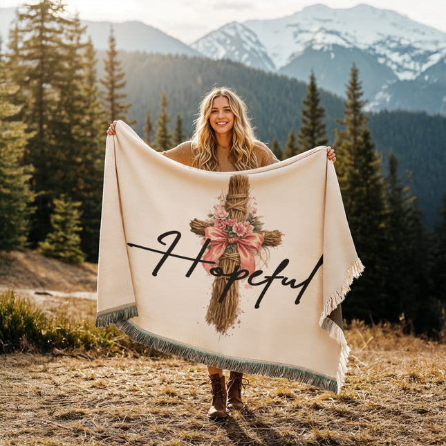 Hopeful Flower Cross Christian woven blanket — floral cross design, modern Mother's Day gift for mom with a hope message