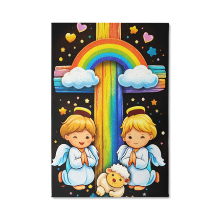 Rainbow Cross Cherub Angels | Christian Gallery Wrapped Canvas | Gift for Kids