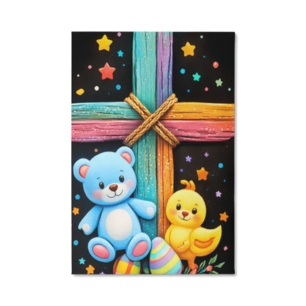 Rainbow Cross Teddy Bear | Christian Gallery Wrapped Canvas | Gift for Kids