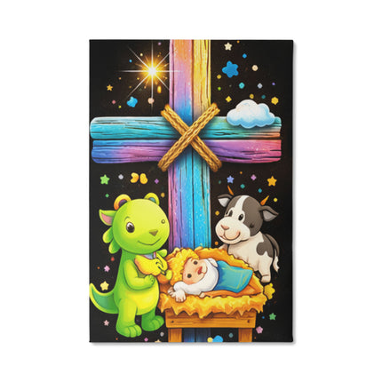 Rainbow Cross Frog And Cow | Christian Gallery Wrapped Canvas | Gift for Kids