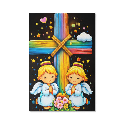 Rainbow Cross Angel Twins | Christian Gallery Wrapped Canvas | Gift for Kids