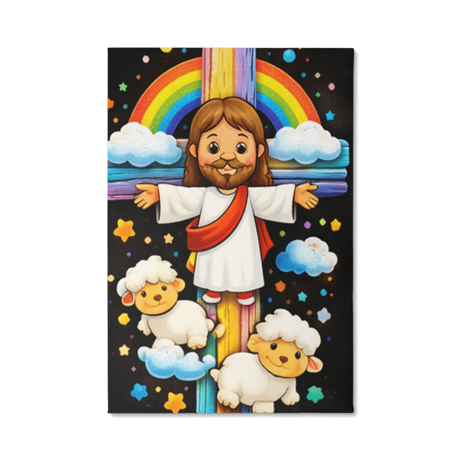 Rainbow Cross Jesus And Lamb | Christian Gallery Wrapped Canvas | Gift for Kids